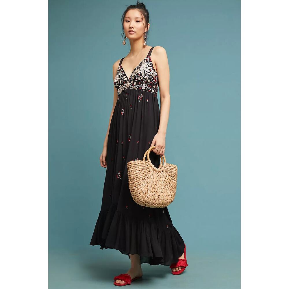 Anthropologie Black Maxi Dress with Colorful Embroidery